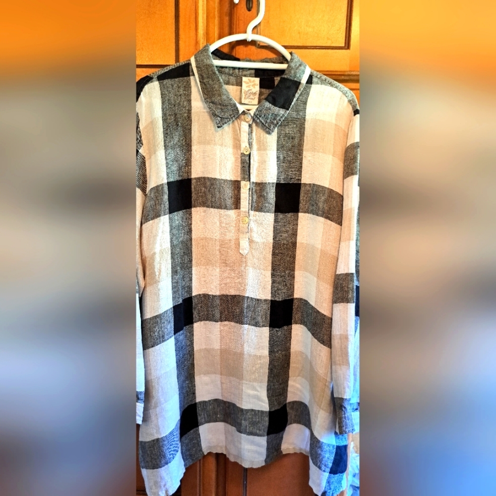 Match Point 100% Linen Tunic Shirt Button Long Sleeve Lagenlook Pockets  XL
